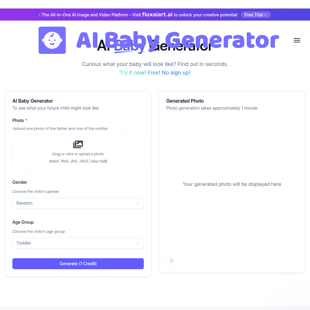 AI Baby Generator: Discover what your future baby might look like with our free AI baby generator. Get realistic baby photos in seconds with just one click! 