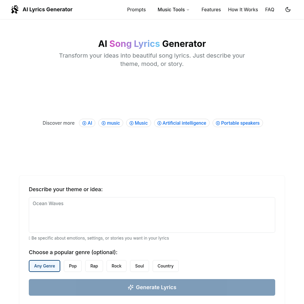 AI Lyrics Generator | AI Song Writer: Unleash your creativity with our free AI Song Lyrics Generator.