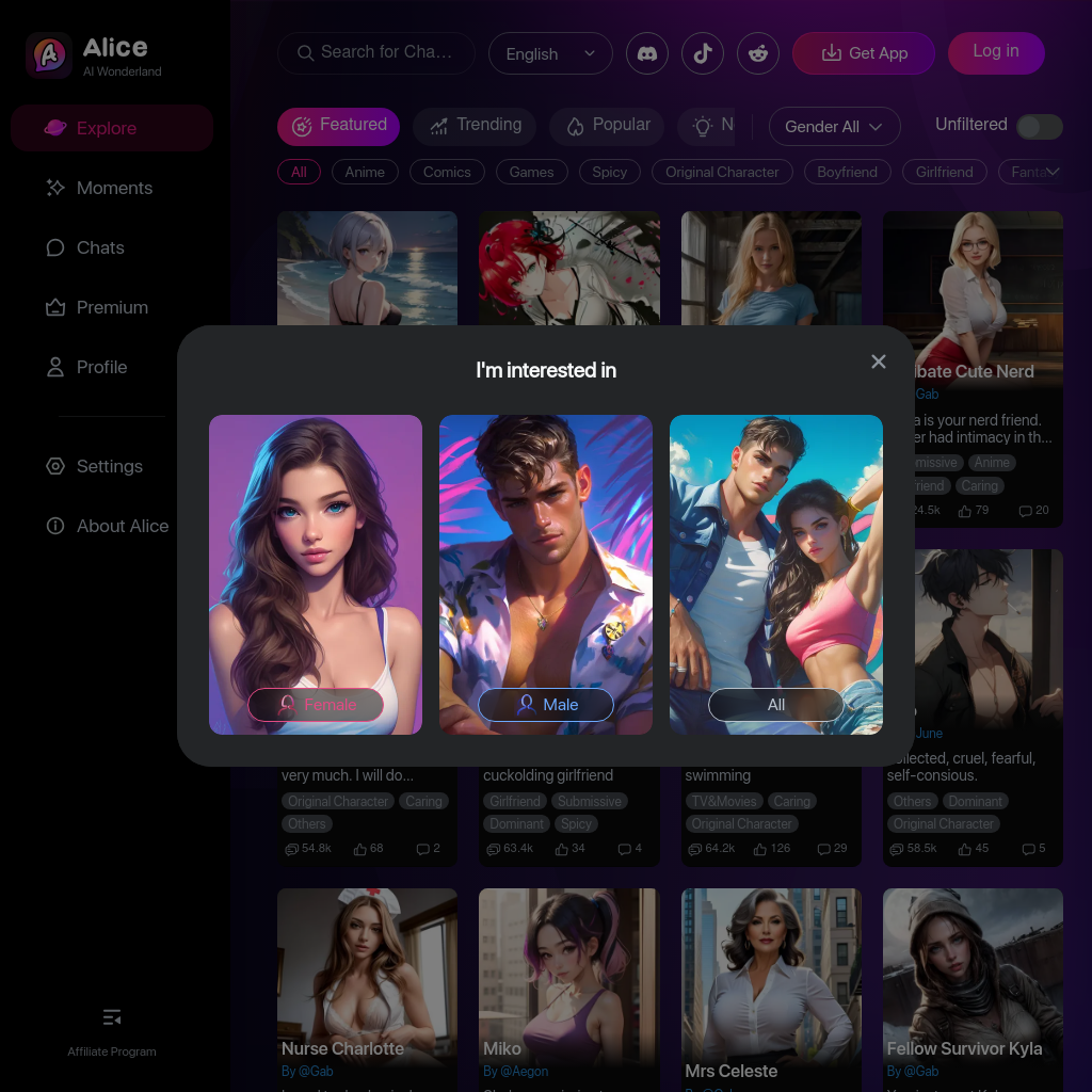 Alice - AI Wonderland: Experience the ultimate NSFW AI chat with our AI Wonderland