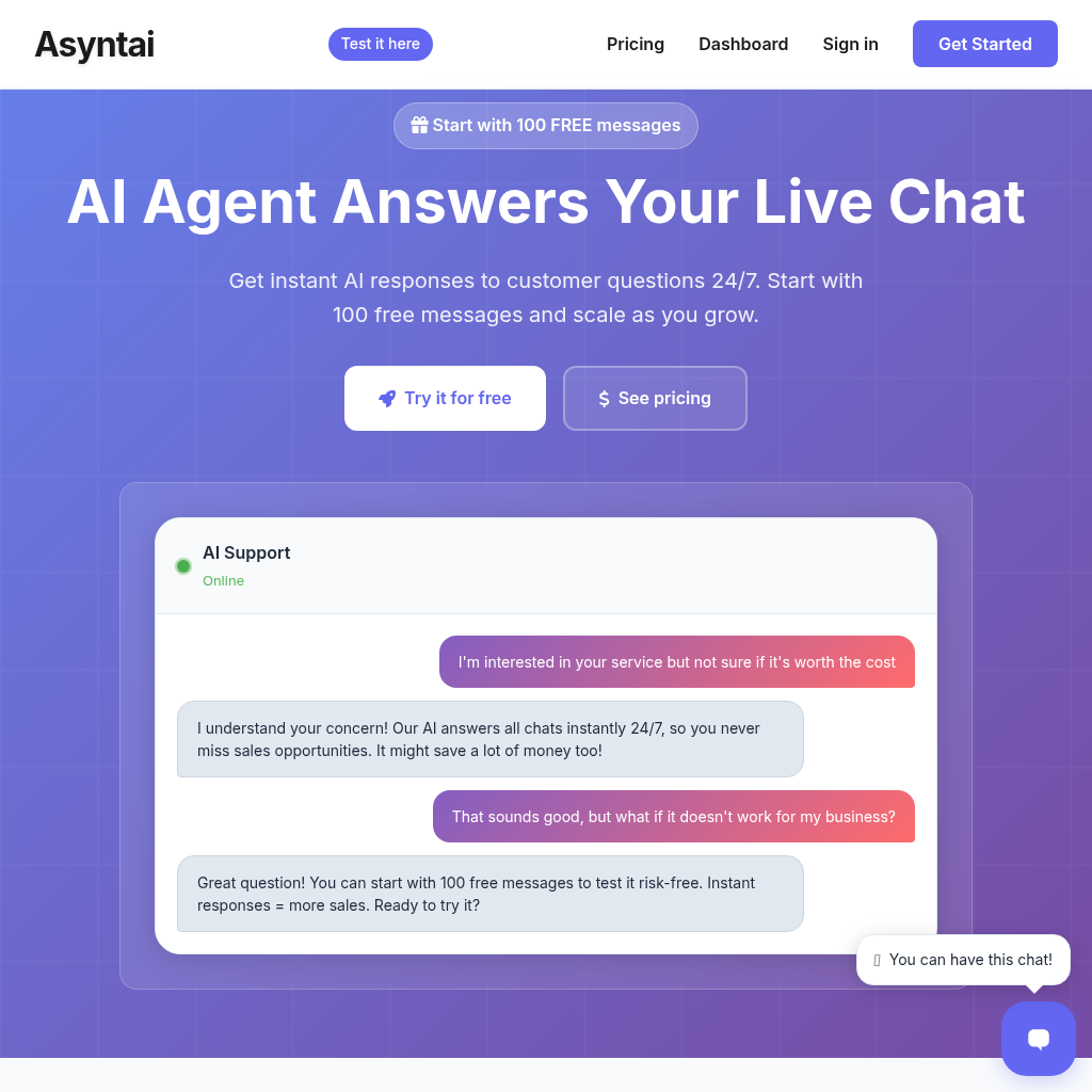 Asyntai - AI Live Chat Support for Your Business: Transform your customer support with AI-powered live chat agents