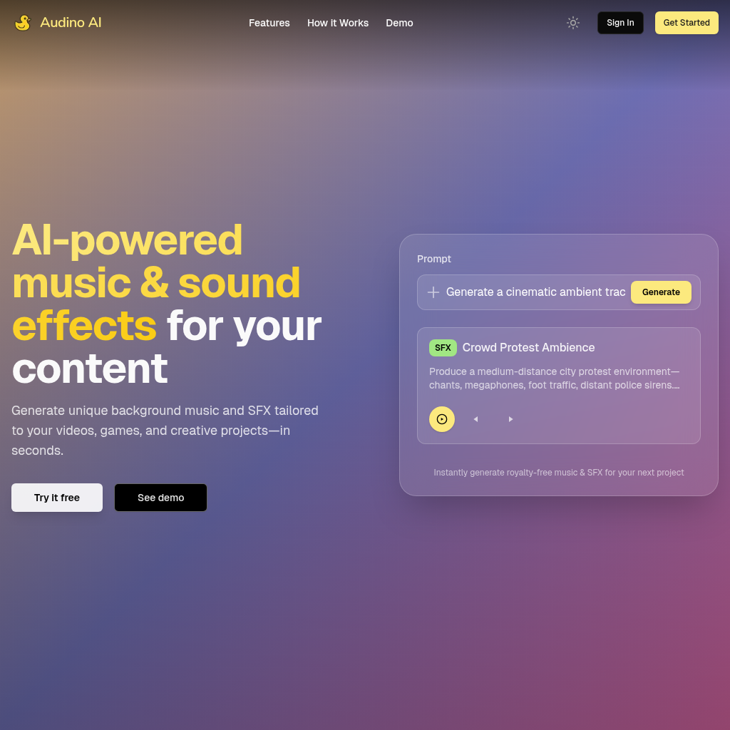 Audino AI: Create custom, royalty-free music and sound effects in seconds with AI. Perfect for videos, games, podcasts, and content creators.