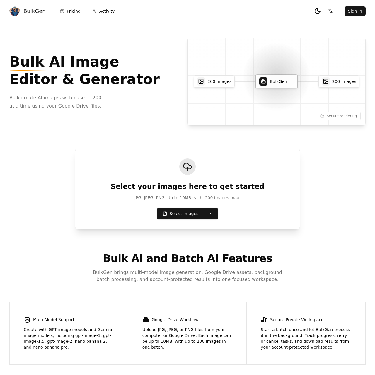 Effortlessly Generate Bulk AI Images with Secure Cloud Processing and Google Drive Integration