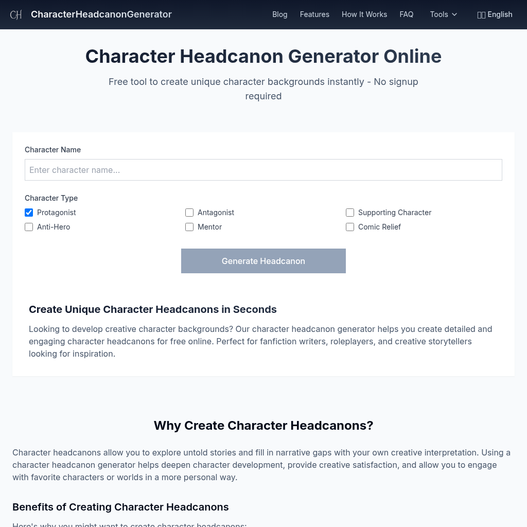 Character Headcanon Generator: Create unique character backgrounds instantly - No signup required