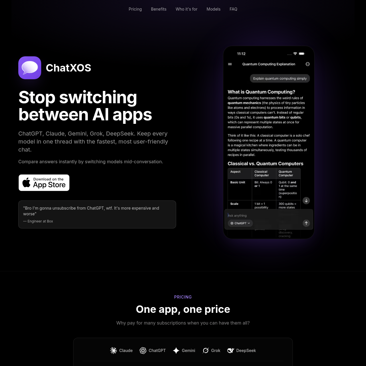 ChatXOS: Unified AI Chat App: ChatGPT, Claude, Gemini, Grok, DeepSeek in One iPhone App