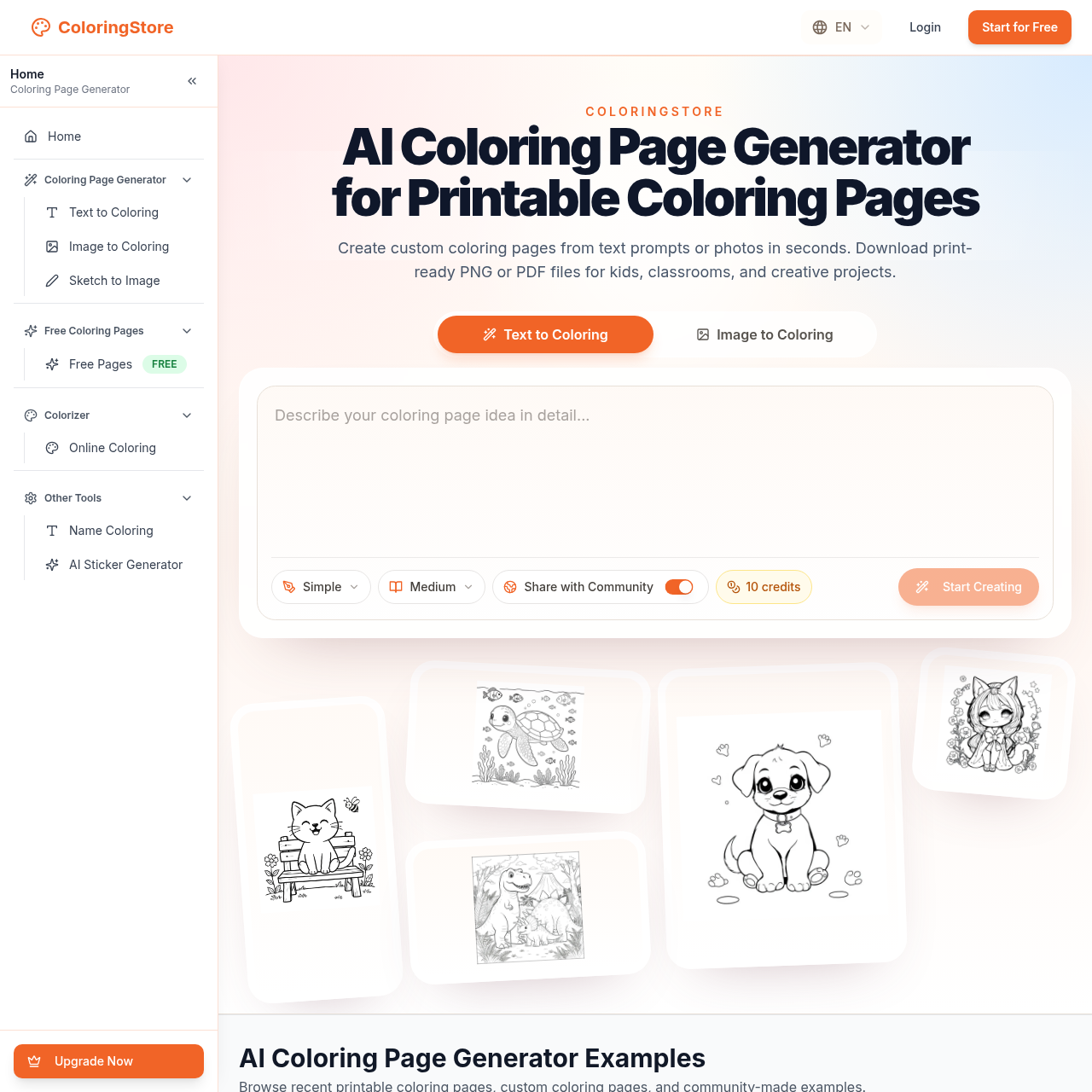 Create printable coloring pages from text or photos in seconds. Download high-resolution PNG or PDF files.