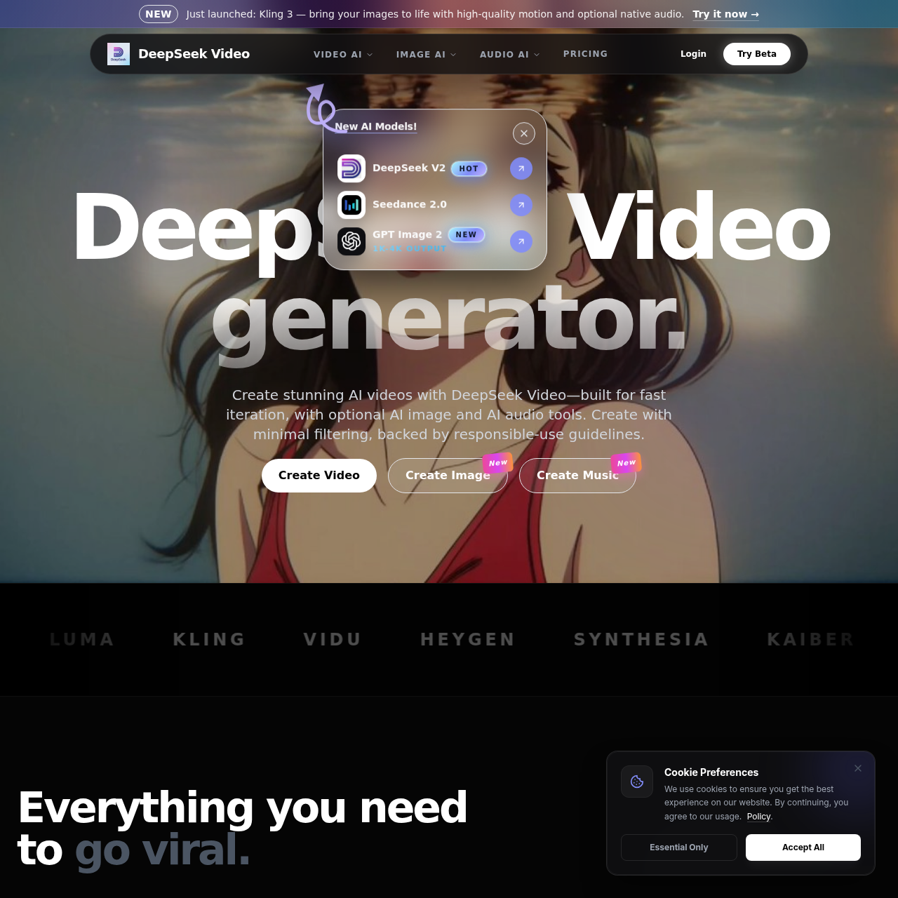 Create stunning videos from text prompts and images with AI image and audio tools.