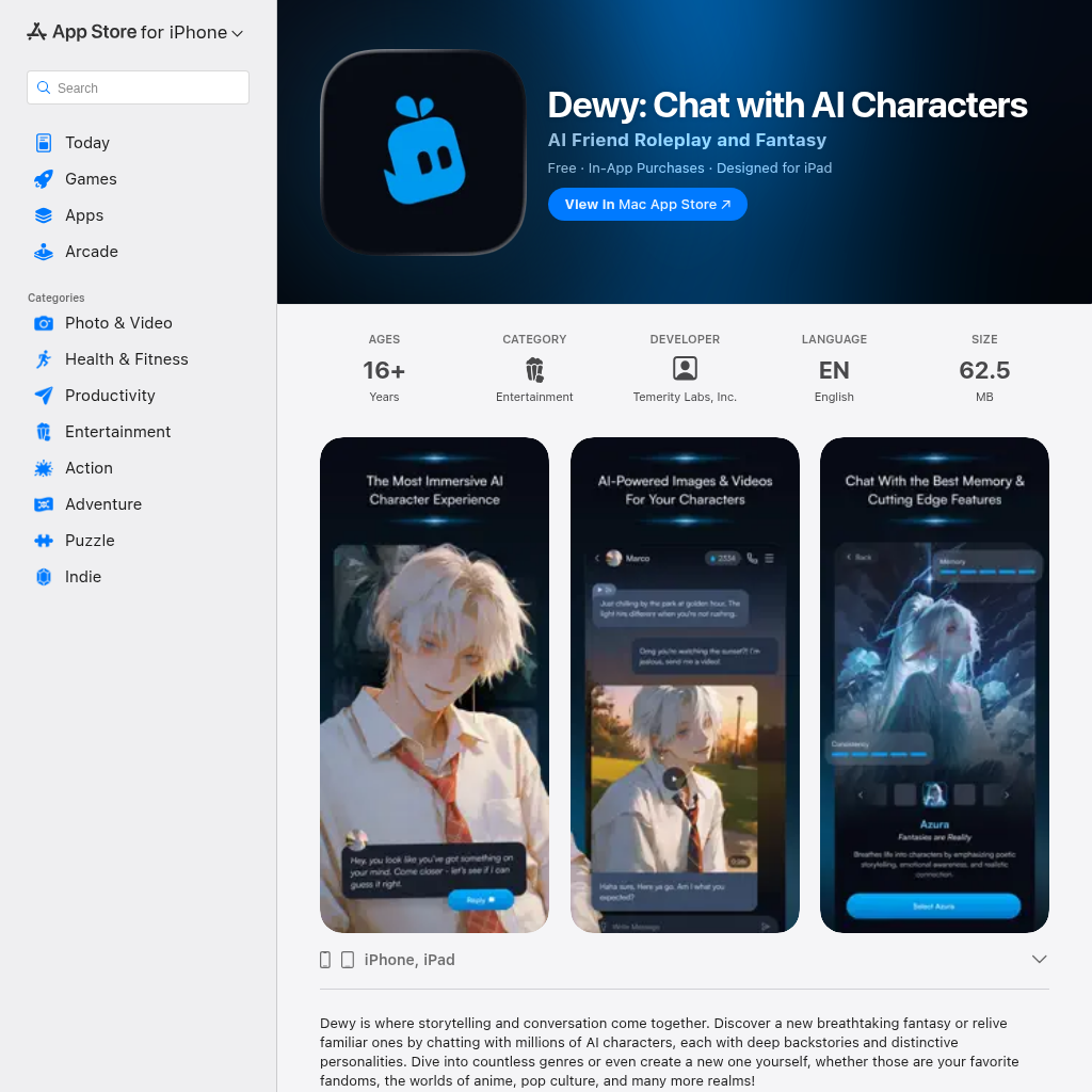 Dewy: Chat with AI Characters: Chat with AI Characters, Where Fantasy Becomes Reality