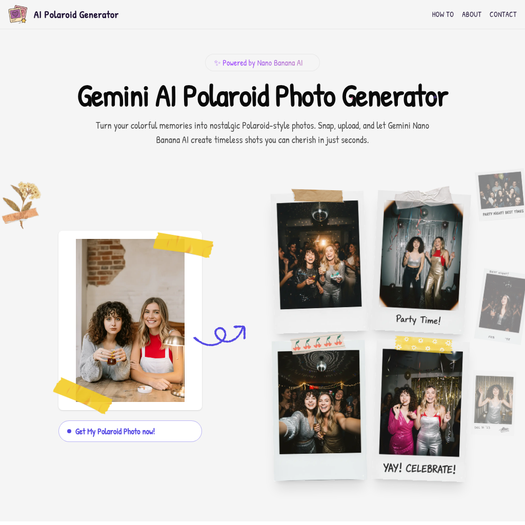 Gemini AI Polaroid Photo Generator: Create nostalgic AI Polaroid photos online with Gemini Nano Banana for fast, authentic results. 