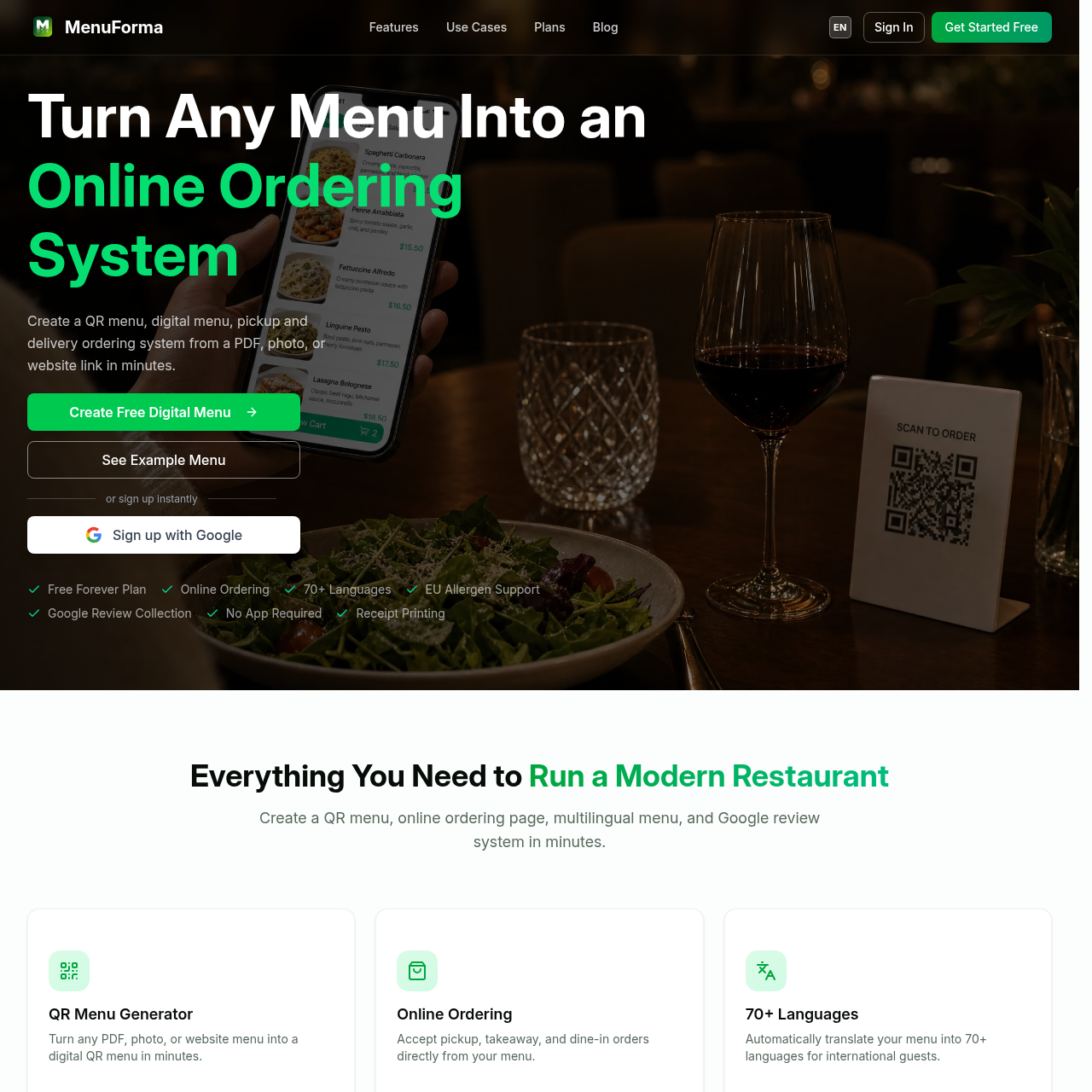 Create a free digital QR menu for your restaurant in minutes. AI-powered food photos, 70+ languages, online ordering. No app, no coding required.