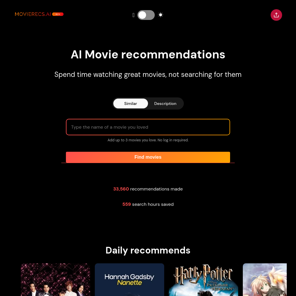 MOVIERECS.ai: Find your next favorite movie with the best AI recommendations. 