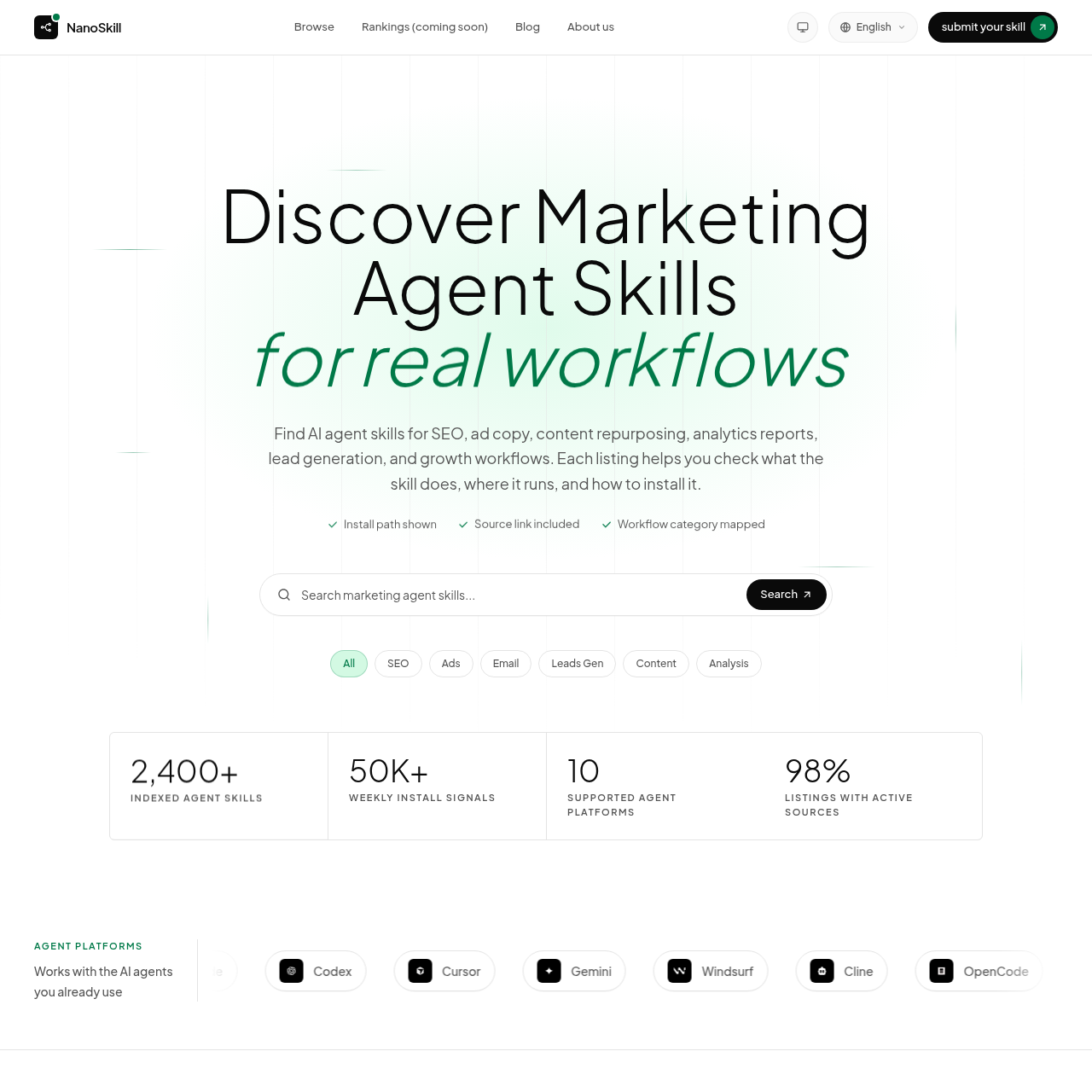 Discover and compare install-ready marketing agent skills for SEO, ads, email, and growth.