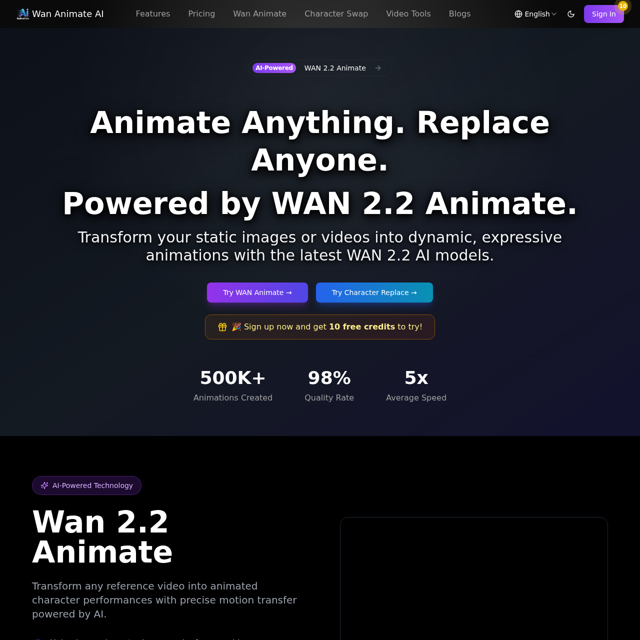 Wan Animate AI: Animate Anything. Replace Anyone. Powered by WAN 2.2 Animate.